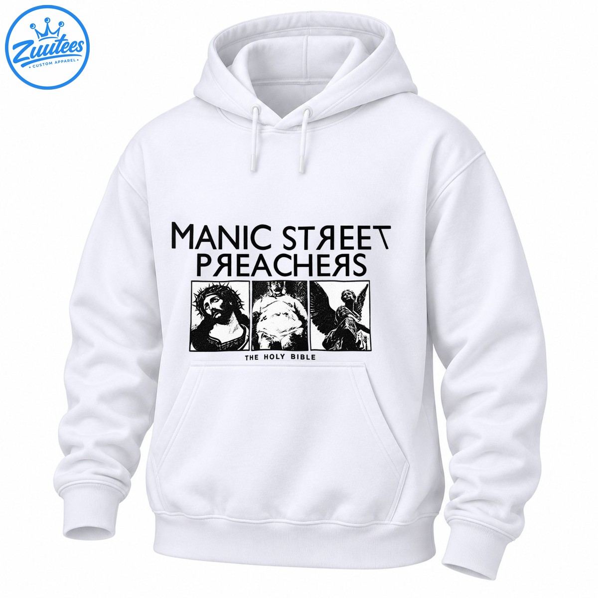Black and white Manic Street Preachers The Holy Bible graphic with bold lettering and three distressed religious imagery panels Black and white Manic Street Preachers The Holy Bible graphic with bold lettering and three distressed religious imagery panels