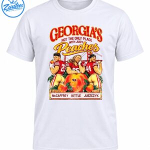 Vintage Georgia's Juicy Peaches football graphic with McCaffrey, Kittle and Juszczyk in red jerseys