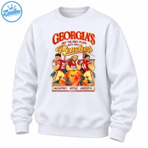 Vintage Georgia's Juicy Peaches football graphic with McCaffrey, Kittle and Juszczyk in red jerseys