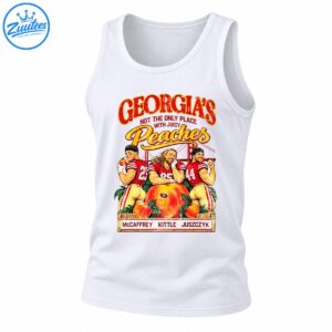 Vintage Georgia's Juicy Peaches football graphic with McCaffrey, Kittle and Juszczyk in red jerseys