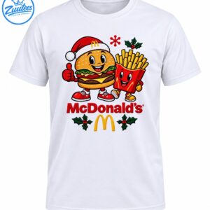 Christmas mascot shirt design with a Santa-hat burger, smiling fries, red McDonald's lettering, golden arches, and holly