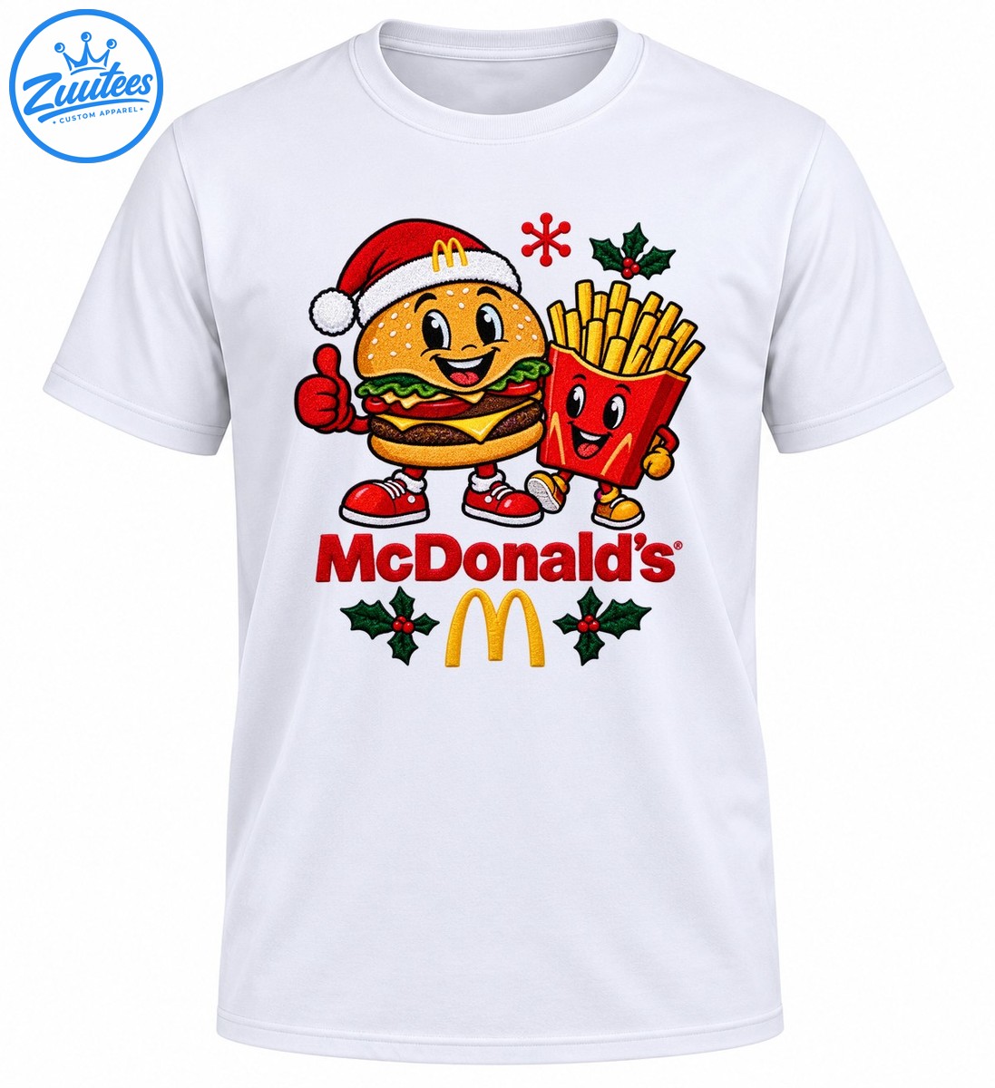 Christmas mascot shirt design with a Santa hat burger, smiling fries, red McDonald's lettering, golden arches, and holly Christmas mascot shirt design with a Santa-hat burger, smiling fries, red McDonald's lettering, golden arches, and holly