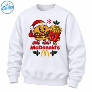 Christmas mascot shirt design with a Santa-hat burger, smiling fries, red McDonald's lettering, golden arches, and holly