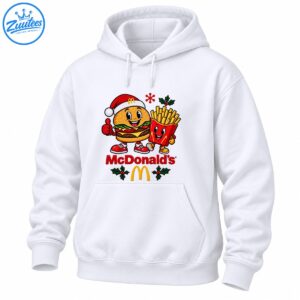 Christmas mascot shirt design with a Santa-hat burger, smiling fries, red McDonald's lettering, golden arches, and holly