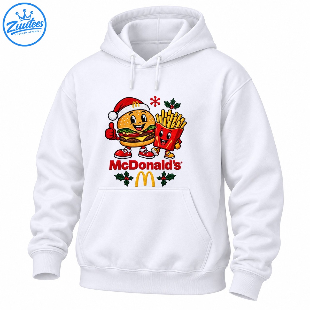 Christmas mascot shirt design with a Santa hat burger, smiling fries, red McDonald's lettering, golden arches, and holly Christmas mascot shirt design with a Santa-hat burger, smiling fries, red McDonald's lettering, golden arches, and holly