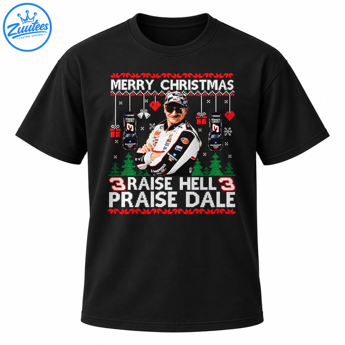 Merry Christmas Raise Hell Praise Dale graphic with a mustached racing driver, two No. 3 cars, and festive decorations Merry Christmas Raise Hell Praise Dale graphic with a mustached racing driver, two No. 3 cars, and festive decorations