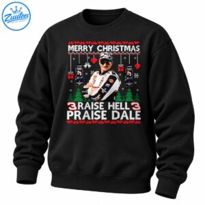 Merry Christmas Raise Hell Praise Dale graphic with a mustached racing driver, two No. 3 cars, and festive decorations