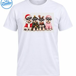 Four gray-and-white Schnauzers in Christmas outfits, including a Santa suit, decorated tree costume, reindeer antlers, and pink heart pajamas.