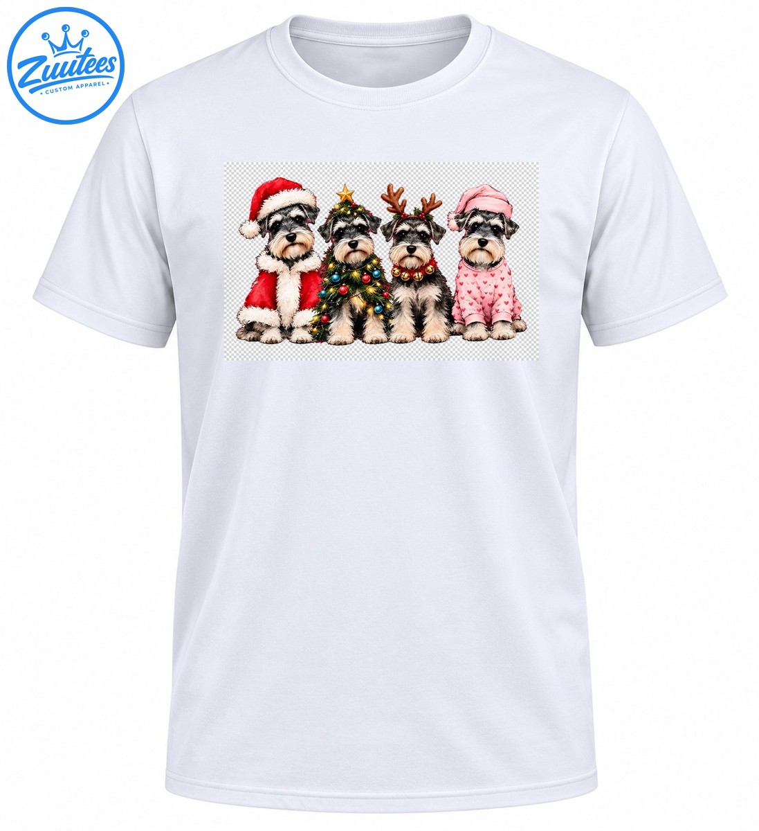 Four gray and white Schnauzers in Christmas outfits, including a Santa suit, decorated tree costume, reindeer antlers, and pink heart pajamas. Four gray-and-white Schnauzers in Christmas outfits, including a Santa suit, decorated tree costume, reindeer antlers, and pink heart pajamas.