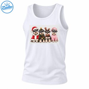Four gray-and-white Schnauzers in Christmas outfits, including a Santa suit, decorated tree costume, reindeer antlers, and pink heart pajamas.