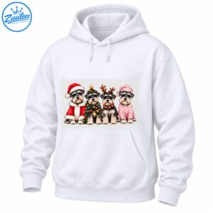 Four gray-and-white Schnauzers in Christmas outfits, including a Santa suit, decorated tree costume, reindeer antlers, and pink heart pajamas.
