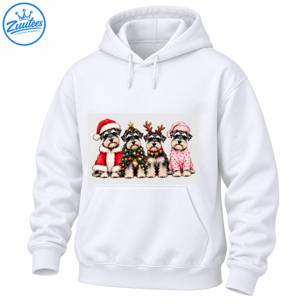 Four gray and white Schnauzers in Christmas outfits, including a Santa suit, decorated tree costume, reindeer antlers, and pink heart pajamas. Four gray-and-white Schnauzers in Christmas outfits, including a Santa suit, decorated tree costume, reindeer antlers, and pink heart pajamas.