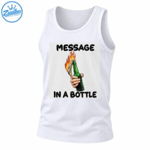 Message In A Bottle graphic featuring distressed black lettering and a hand holding a green bottle with orange flames
