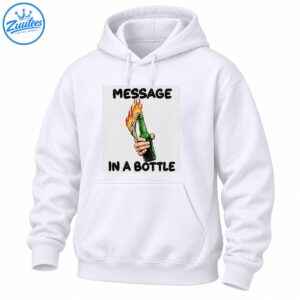 Message In A Bottle graphic featuring distressed black lettering and a hand holding a green bottle with orange flames