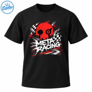 Meta Racing shirt design with a red skull, checkered flags, distressed white lettering, and dynamic motorsport speed graphics
