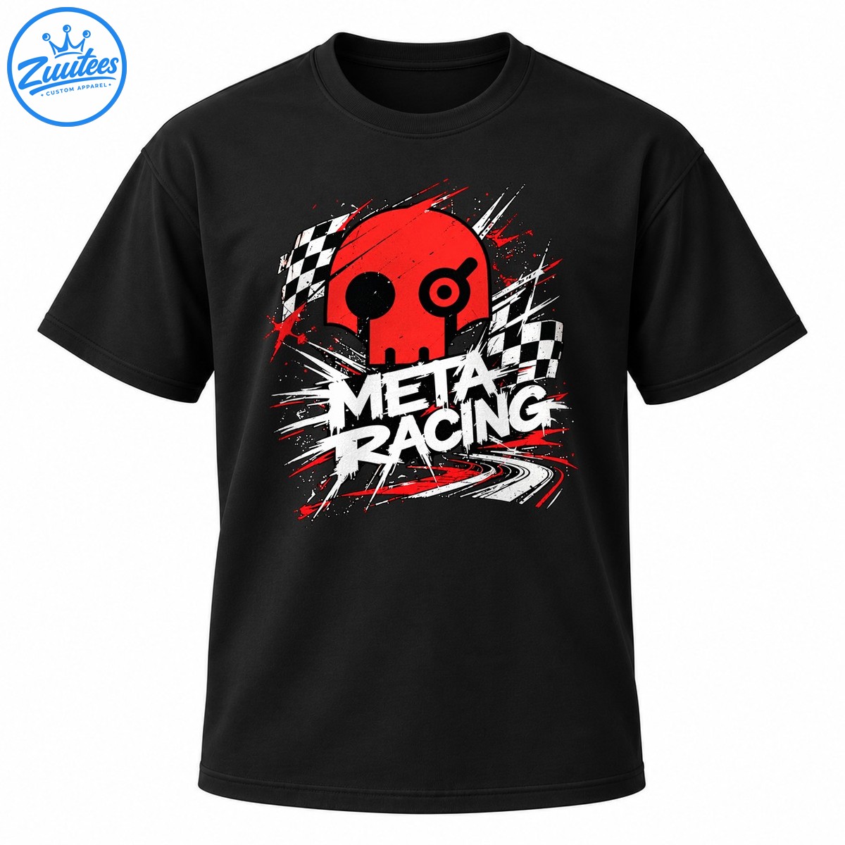 Meta Racing shirt design with a red skull, checkered flags, distressed white lettering, and dynamic motorsport speed graphics Meta Racing shirt design with a red skull, checkered flags, distressed white lettering, and dynamic motorsport speed graphics
