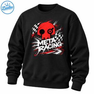 Meta Racing shirt design with a red skull, checkered flags, distressed white lettering, and dynamic motorsport speed graphics