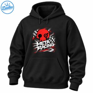 Meta Racing shirt design with a red skull, checkered flags, distressed white lettering, and dynamic motorsport speed graphics