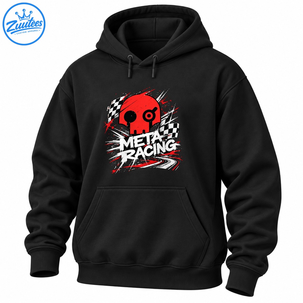 Meta Racing shirt design with a red skull, checkered flags, distressed white lettering, and dynamic motorsport speed graphics Meta Racing shirt design with a red skull, checkered flags, distressed white lettering, and dynamic motorsport speed graphics