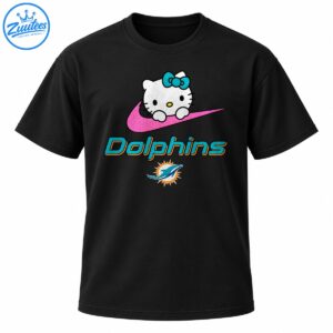 White cat with a teal bow on a pink glitter swoosh above teal and orange Dolphins lettering and a dolphin emblem.