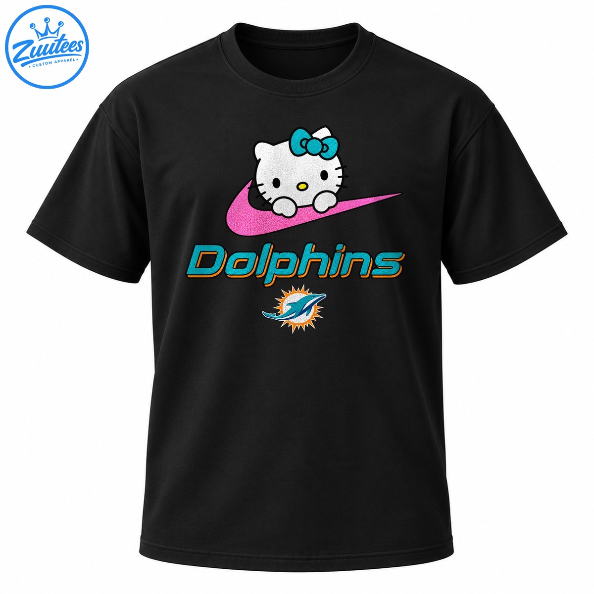 White cat with a teal bow on a pink glitter swoosh above teal and orange Dolphins lettering and a dolphin emblem. White cat with a teal bow on a pink glitter swoosh above teal and orange Dolphins lettering and a dolphin emblem.