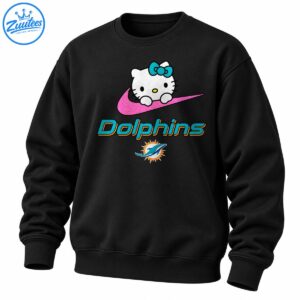 White cat with a teal bow on a pink glitter swoosh above teal and orange Dolphins lettering and a dolphin emblem.