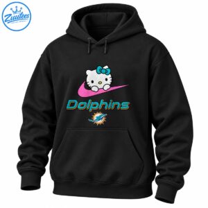 White cat with a teal bow on a pink glitter swoosh above teal and orange Dolphins lettering and a dolphin emblem.