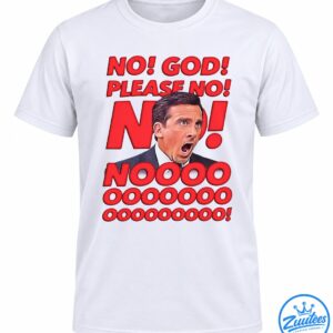 Michael Scott reaction shirt design with shocked man in pinstripe suit and bold red No God Please No lettering