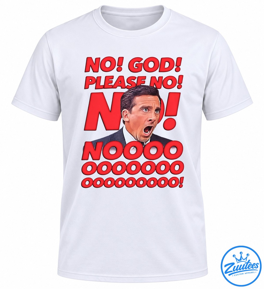 Michael Scott No God Please No The Office Shirt Michael Scott reaction shirt design with shocked man in pinstripe suit and bold red No God Please No lettering