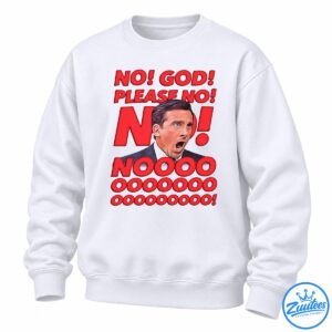 Michael Scott reaction shirt design with shocked man in pinstripe suit and bold red No God Please No lettering