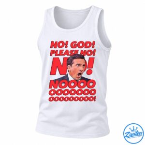 Michael Scott reaction shirt design with shocked man in pinstripe suit and bold red No God Please No lettering