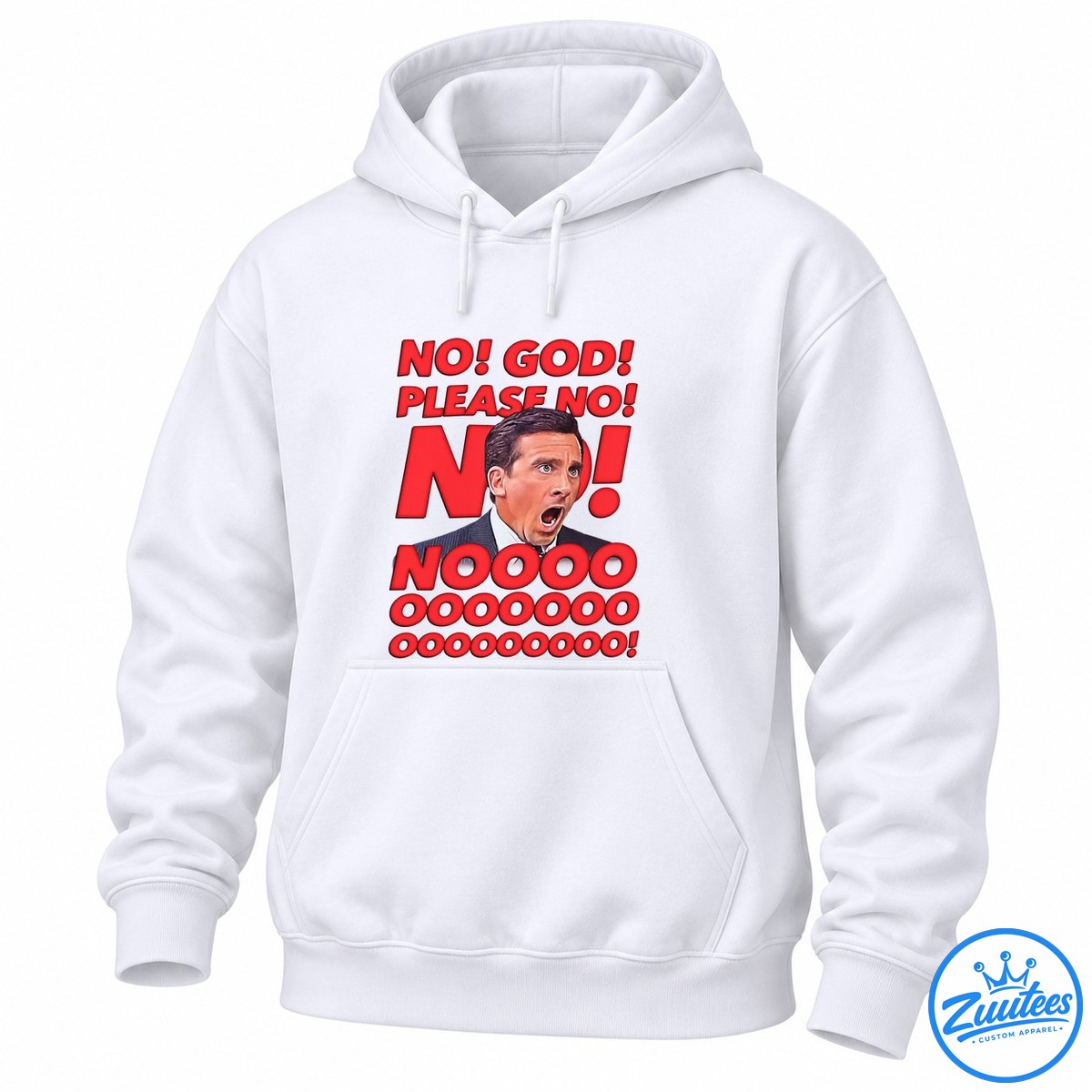 Michael Scott No God Please No The Office Shirt Michael Scott reaction shirt design with shocked man in pinstripe suit and bold red No God Please No lettering