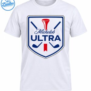 Michelob Ultra golf crest graphic with navy shield, red golf tee, crossed clubs, and bold lettering