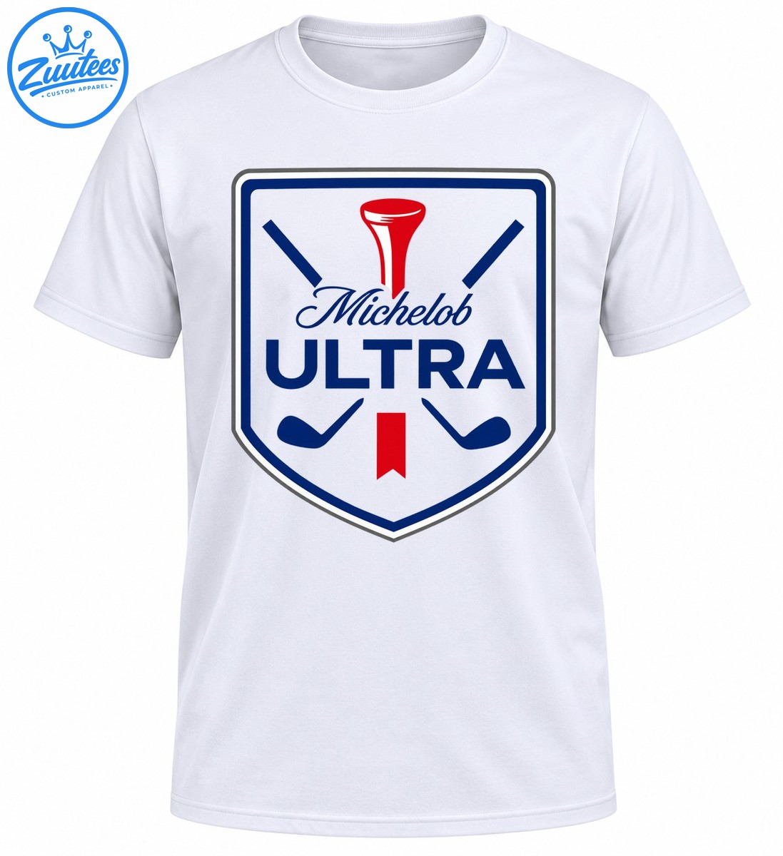 Michelob Ultra golf crest graphic with navy shield, red golf tee, crossed clubs, and bold lettering Michelob Ultra golf crest graphic with navy shield, red golf tee, crossed clubs, and bold lettering