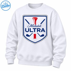 Michelob Ultra golf crest graphic with navy shield, red golf tee, crossed clubs, and bold lettering