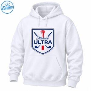 Michelob Ultra golf crest graphic with navy shield, red golf tee, crossed clubs, and bold lettering