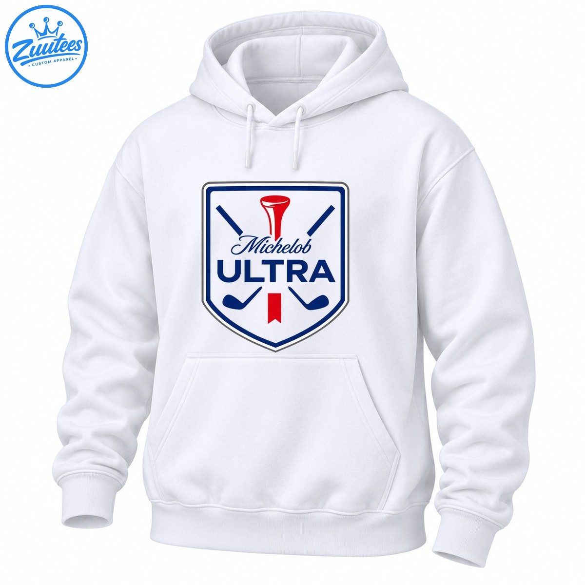 Michelob Ultra golf crest graphic with navy shield, red golf tee, crossed clubs, and bold lettering Michelob Ultra golf crest graphic with navy shield, red golf tee, crossed clubs, and bold lettering