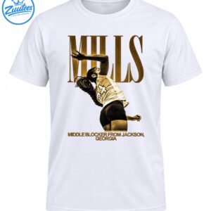 Vintage gold and sepia volleyball athlete graphic with MILLS lettering and Middle Blocker From Jackson Georgia text