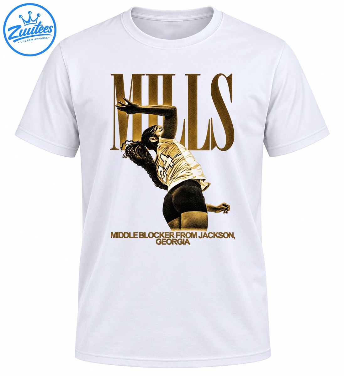 Vintage gold and sepia volleyball athlete graphic with MILLS lettering and Middle Blocker From Jackson Georgia text Vintage gold and sepia volleyball athlete graphic with MILLS lettering and Middle Blocker From Jackson Georgia text