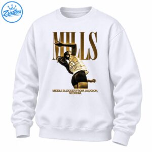 Vintage gold and sepia volleyball athlete graphic with MILLS lettering and Middle Blocker From Jackson Georgia text