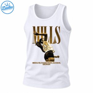 Vintage gold and sepia volleyball athlete graphic with MILLS lettering and Middle Blocker From Jackson Georgia text