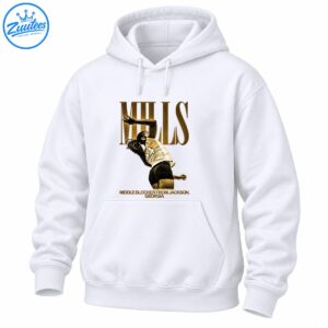 Vintage gold and sepia volleyball athlete graphic with MILLS lettering and Middle Blocker From Jackson Georgia text