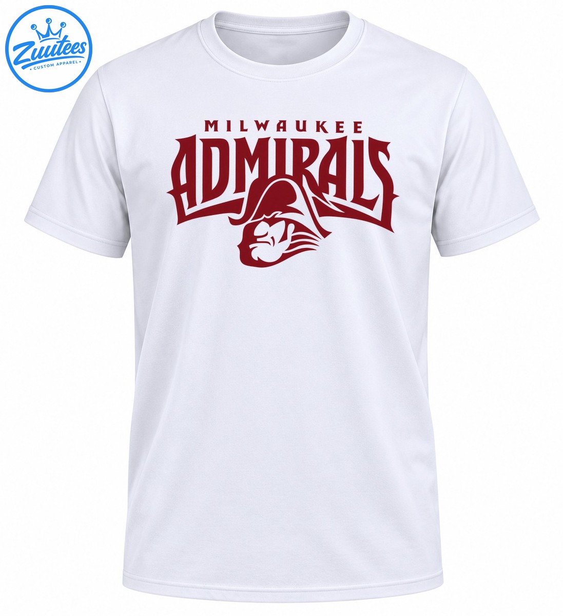 Milwaukee Admirals shirt design with maroon MILWAUKEE ADMIRALS lettering and an admiral mascot in a tricorne hat Milwaukee Admirals shirt design with maroon MILWAUKEE ADMIRALS lettering and an admiral mascot in a tricorne hat