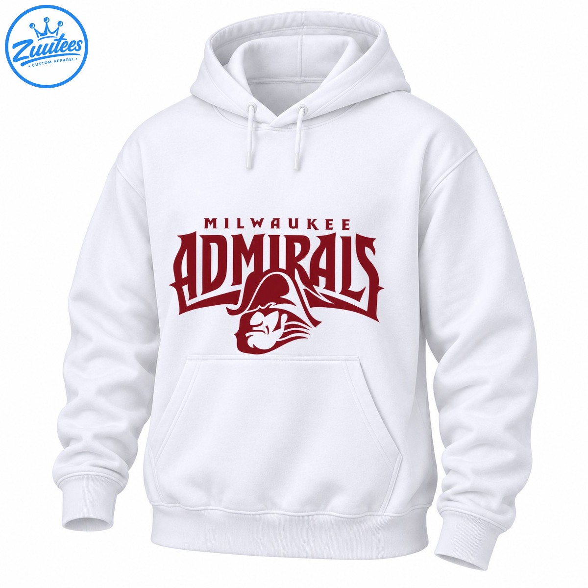 Milwaukee Admirals shirt design with maroon MILWAUKEE ADMIRALS lettering and an admiral mascot in a tricorne hat Milwaukee Admirals shirt design with maroon MILWAUKEE ADMIRALS lettering and an admiral mascot in a tricorne hat