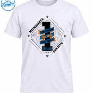 Milwaukee Believe graphic with a black number one, blue and orange banners, team slogans, and 2026 lettering