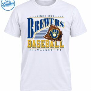 Vintage baseball graphic with blue BREWERS lettering, brown glove emblem, gold BASEBALL text, and MILWAUKEE WI