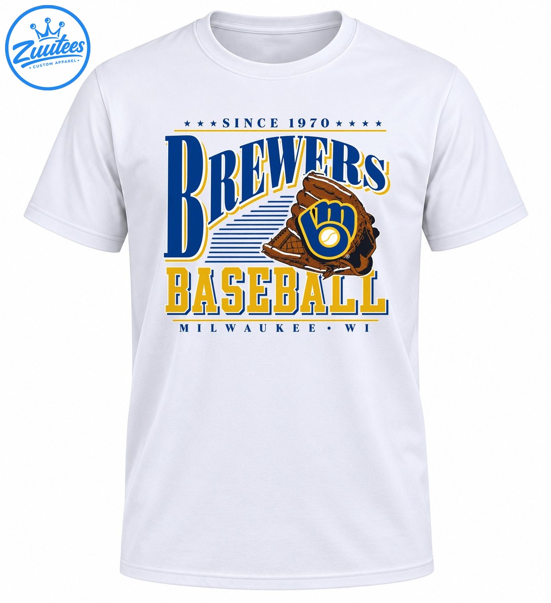 Vintage baseball graphic with blue BREWERS lettering, brown glove emblem, gold BASEBALL text, and MILWAUKEE WI Vintage baseball graphic with blue BREWERS lettering, brown glove emblem, gold BASEBALL text, and MILWAUKEE WI