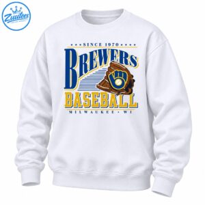 Vintage baseball graphic with blue BREWERS lettering, brown glove emblem, gold BASEBALL text, and MILWAUKEE WI