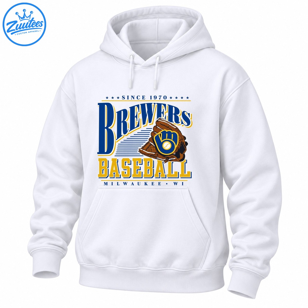 Vintage baseball graphic with blue BREWERS lettering, brown glove emblem, gold BASEBALL text, and MILWAUKEE WI Vintage baseball graphic with blue BREWERS lettering, brown glove emblem, gold BASEBALL text, and MILWAUKEE WI