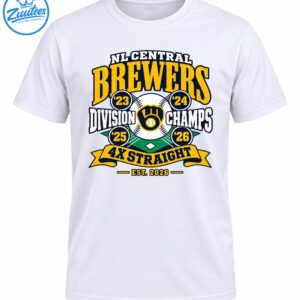 Brewers championship graphic with gold lettering, central baseball, four year badges, green diamond, and 4X STRAIGHT banner